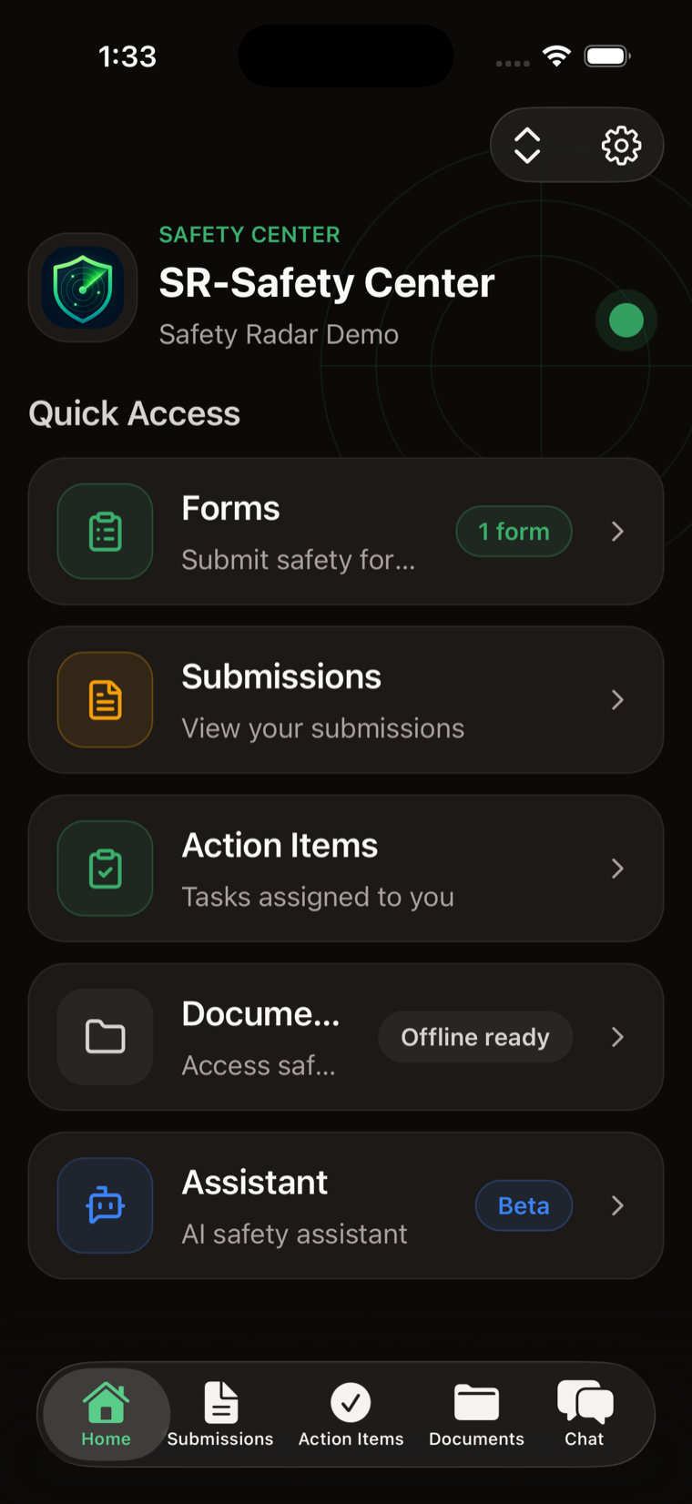 Safety Center mobile app home: Forms, Submissions, Action Items, Documents, and the AI Assistant in Quick Access.